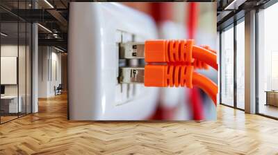 Close-up of an orange ethernet cable plugged into a white socket Wall mural