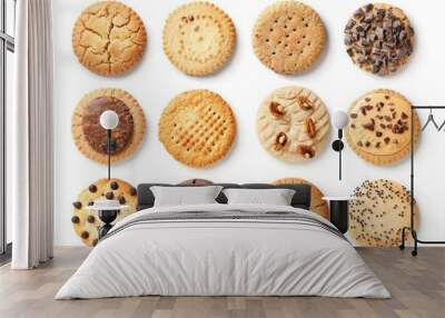 Collection of round cookie cookies biscuit, classic and nut set, on white background cutout file. Many assorted different design. Mockup template for artwork design Wall mural