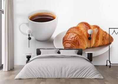 Fresh croissant and cup of coffee on white background Wall mural