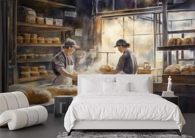 Quaint bakery preparing morning goods as the sun rises Wall mural