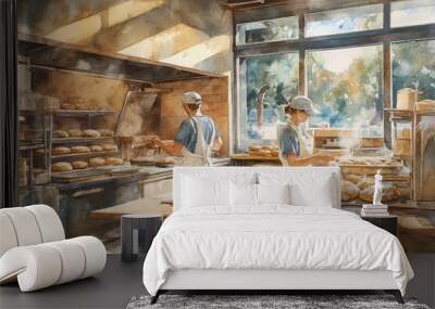 Quaint bakery preparing morning goods as the sun rises Wall mural