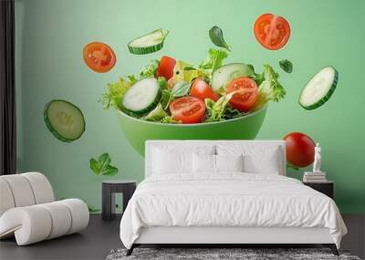 Salad bowl, tomatoes, cucumbers, avocados, levitating, healthy diet Wall mural