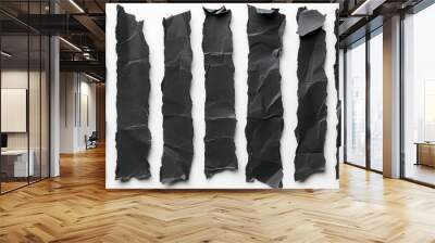 Set of ripped textured black paper stripes isolated on a white background Wall mural