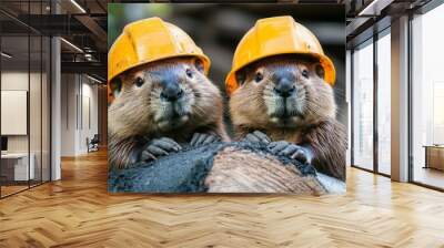 Two builder beavers in construction helmets Wall mural