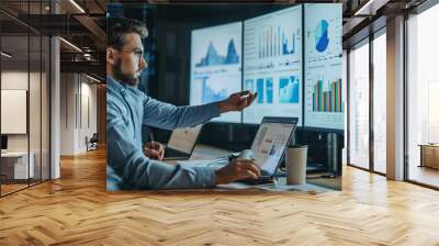 Show a candidate in a financial setting, analyzing data on multiple screens, in a meeting discussing financial strategies, or advising clients, to emphasize analytical skills and financial acumen Wall mural