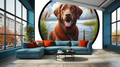 A circular 3D rendered watercolor painting of a Chesapeake Bay Retriever, isolated on a transparent background Wall mural