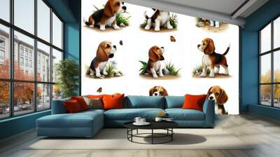 A cute Beagle puppy set of 9 poses isolated on white background	 Wall mural