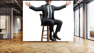 A smiling corporate executive sitting on a wooden stool,  arms open wide, isolated on a transparent background Wall mural