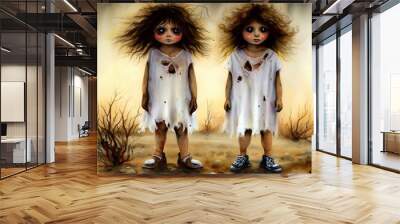 Watercolor illustration of 2 young zombie girls Wall mural