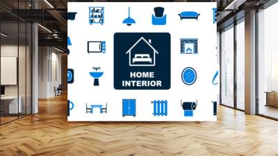 Home interior icon set, home living, furniture and house decor, bathroom, bedroom, kitchen, bookcase, chair, sofa signs – stock vector Wall mural