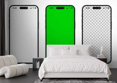 New iPhone 16 Pro and iPhone 16 Pro Max mockup of the new mobile phones. Smartphone mockup set with white empty transparent, white, green touch screen Wall mural