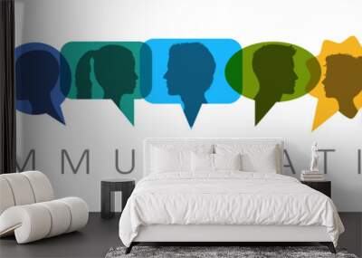 People speech, discussion, meeting, dialogue. Communicate on social networks concept. Silhouette heads people inside speech bubble communicating - stock vector Wall mural