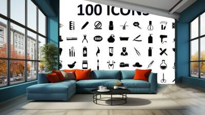 Set 100 beauty spa cosmetology icons with face, eye, legs, cream, oil, moisturizer, make up, nail polish, face cleanser. Beauty and cosmetology collection sign - stock vector Wall mural