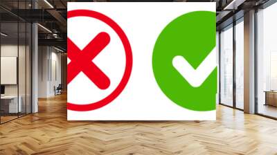 set green approval check mark and red cross icons in circle and square, checklist signs, flat checkm Wall mural