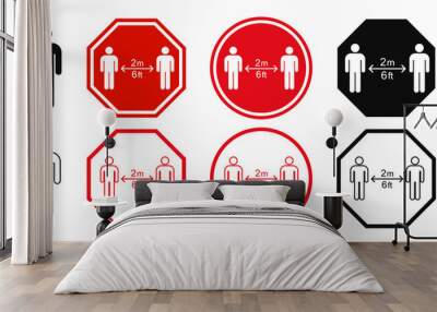 Set keep distance sign. Coronavirus epidemic protective equipment. Preventive measures. Steps to protect yourself. Keep min the 2 meter distance Wall mural