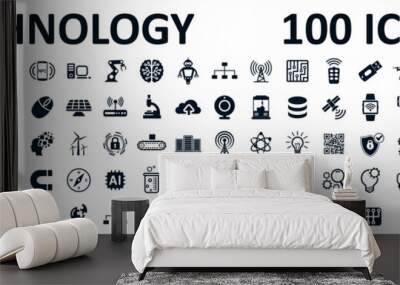 Set of 100 technology icons. Industry 4.0 concept factory of the future. Technology progress: 5g, ai, robot, iot, near field communication, programming and many more - stock vector Wall mural