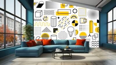 Set of geometric shapes. Memphis design retro elements. Collection trendy halftone geometric shapes. Retro funky graphic, 90s trends designs and vintage print element collection – stock vector Wall mural