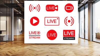 Set of live streaming icons. Set of video broadcasting and live streaming icon. Button, red symbols for TV, news, movies, shows - stock vector Wall mural