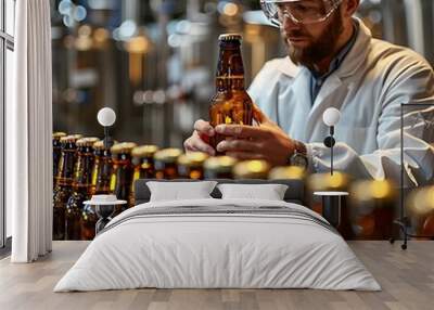 A man inspecting beer bottles in a brewery setting. Wall mural