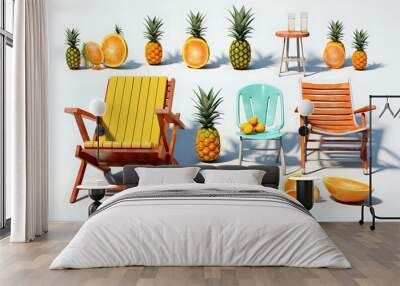 A vibrant arrangement of tropical fruits and colorful chairs for a leisure setting. Wall mural