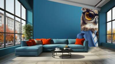 Animal owl portraits, Cool business animal in sunglasses and suit. With copy text space, wide screen. Simple background, Generative AI Wall mural