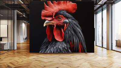 black rooster portrait on a black background red comb looking at the camera Wall mural