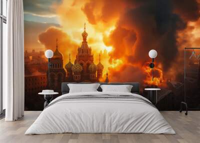 City Demolished By War Set On Fire Lost Control Over Military Target European War World Threat Drone Modern War 3d Illustration. explosion, big fire, fire, city center, flash of impact on the roof Wall mural