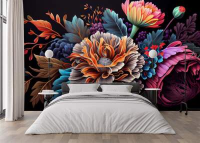 Colorful Mexican floral pattern on a black background, vibrant colors.generative AI Wall mural