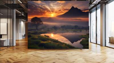 Dusk, Sunset Sky Clouds in the Evening with colorful Orange, Yellow, Pink and red sunlight and Dramatic storm clouds on, Landscape horizon Golden sky nature Summer Background Wall mural