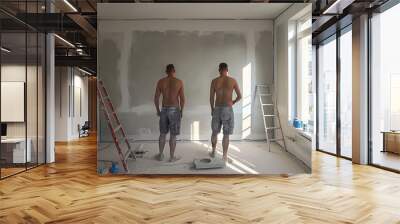 Hands man plasterer construction worker at work with trowel, plastering a wall, closeup. young two guys without a shirt with a naked torso are doing repairs to an apartment, a house. wall puttying Wall mural