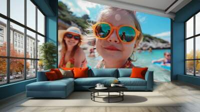 little girls children relax on vacation and swim in the sea. children's holiday. holiday and entertainment. family vacation at sea. family vacation in the south Wall mural