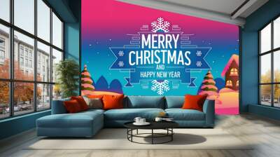 Merry christmas and happy new year banner. Modern Xmas design. Winter landscape with snowflakes, Christmas tree. Poster, greeting card, sale banner for website. Generative Ai Wall mural