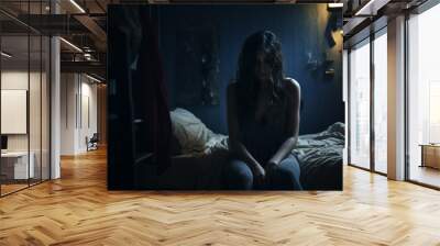 Sad desperate young teenager female girl suffering from online bullying harassment feeling lonely hopeless sitting bed at night CYberbullying dangers internet depression sadness melancholy dark tones Wall mural