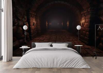 Scary endless medieval catacombs with torches. Mystical nightmare concept. 3D Rendering. Wall mural