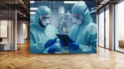 Two professionals in protective gear discussing data on a tablet in an industrial setting. Wall mural