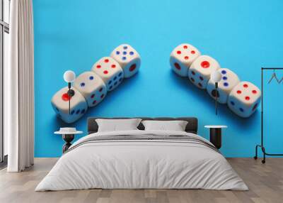 White dices on blue background. Selective focus Wall mural