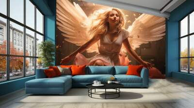 Young beautiful angel with wings travels flies between worlds and universes through a space portal shining gates woman girl man guy girl boy sky clear light clouds dark colors risen god lord jesus 4k Wall mural