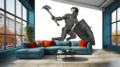 evil warrior is running and holding up an axe and shield with anger side view Wall mural