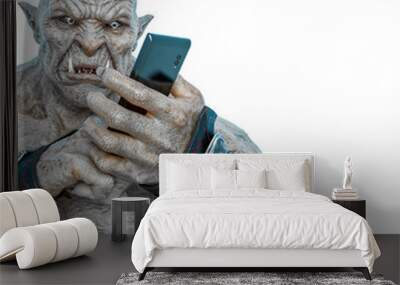 hand of a green orc holding a cell phone in a white background Wall mural