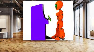 robot gir lwith a retro arcade videogame cabinet driving in white background side view Wall mural