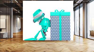 santa bot leaning on the gift box in white background Wall mural