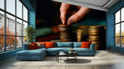 A hand adds a coin to a stack of coins, representing financial growth and wealth Wall mural