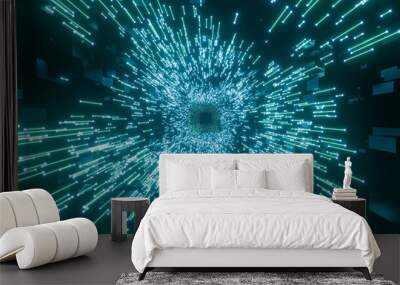 3D render of glowing blue lines with endless tunnel Wall mural