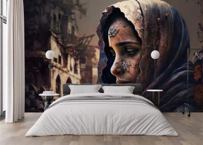 A crying sad turkish or muslim woman crying over the devastation. AI Generative Wall mural