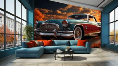 Retro style car, with its polished finish, cruises the highway. Retro style car's timeless design brings back memories. Every detail of the retro style car exudes classic charm. Wall mural