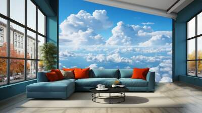 The blue sky with clouds is dotted with cotton-like formations. Each cloud enhances the blue sky with clouds. Vistas under the blue sky with clouds are breathtaking Wall mural