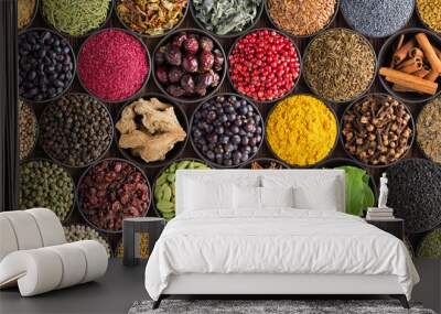 colorful spice background, top view. Seasonings and herbs for Indian food Wall mural