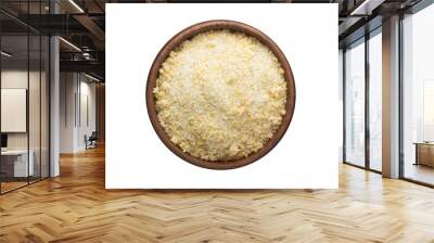 dried garlic powder spice in wooden bowl, isolated on white background. Seasoning top view Wall mural