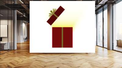 Red box with yellow bow opens and closes. Christmas present under the tree. The present is waiting for the recipient. Yellow light shines from the box Wall mural