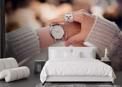 Stylish fashion watch on woman hand Wall mural